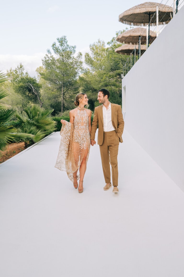 Bride and groom walking at the Ibiza villa