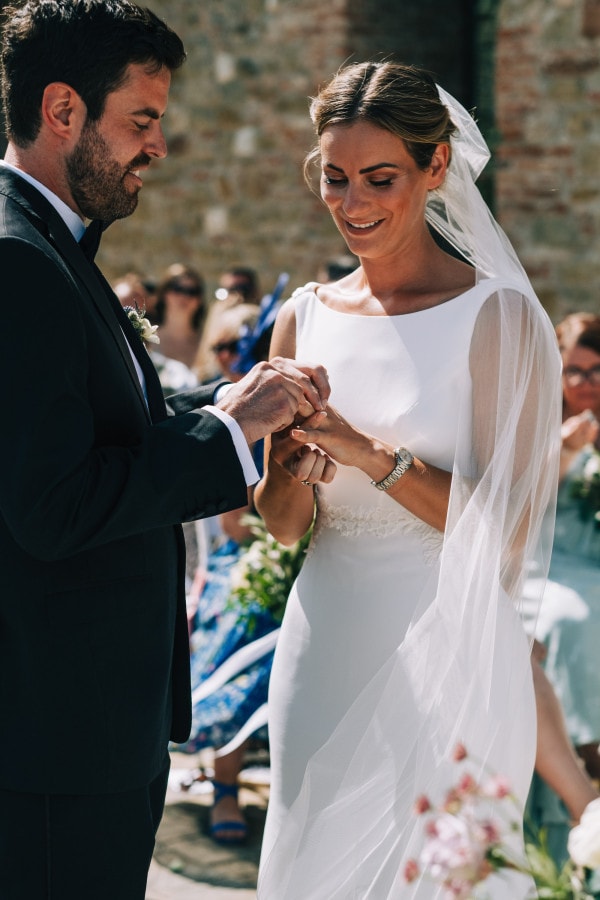 Bride and groom exchanging rings