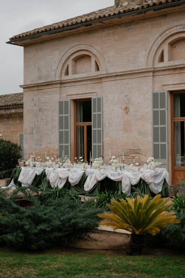 Wedding table setup in front of Fontsanta Hotel
