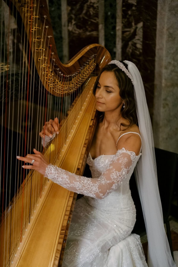 Bride playing the Harp and Fitzrovia Chapel